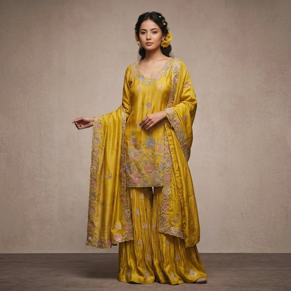 Haldi yellow silk sharara set with dupatta