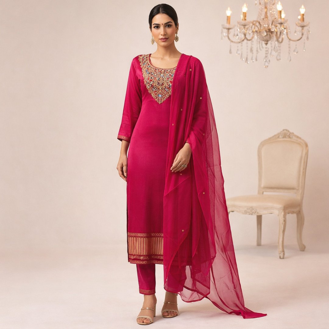 Magenta silk kurta set with sheer dupatta