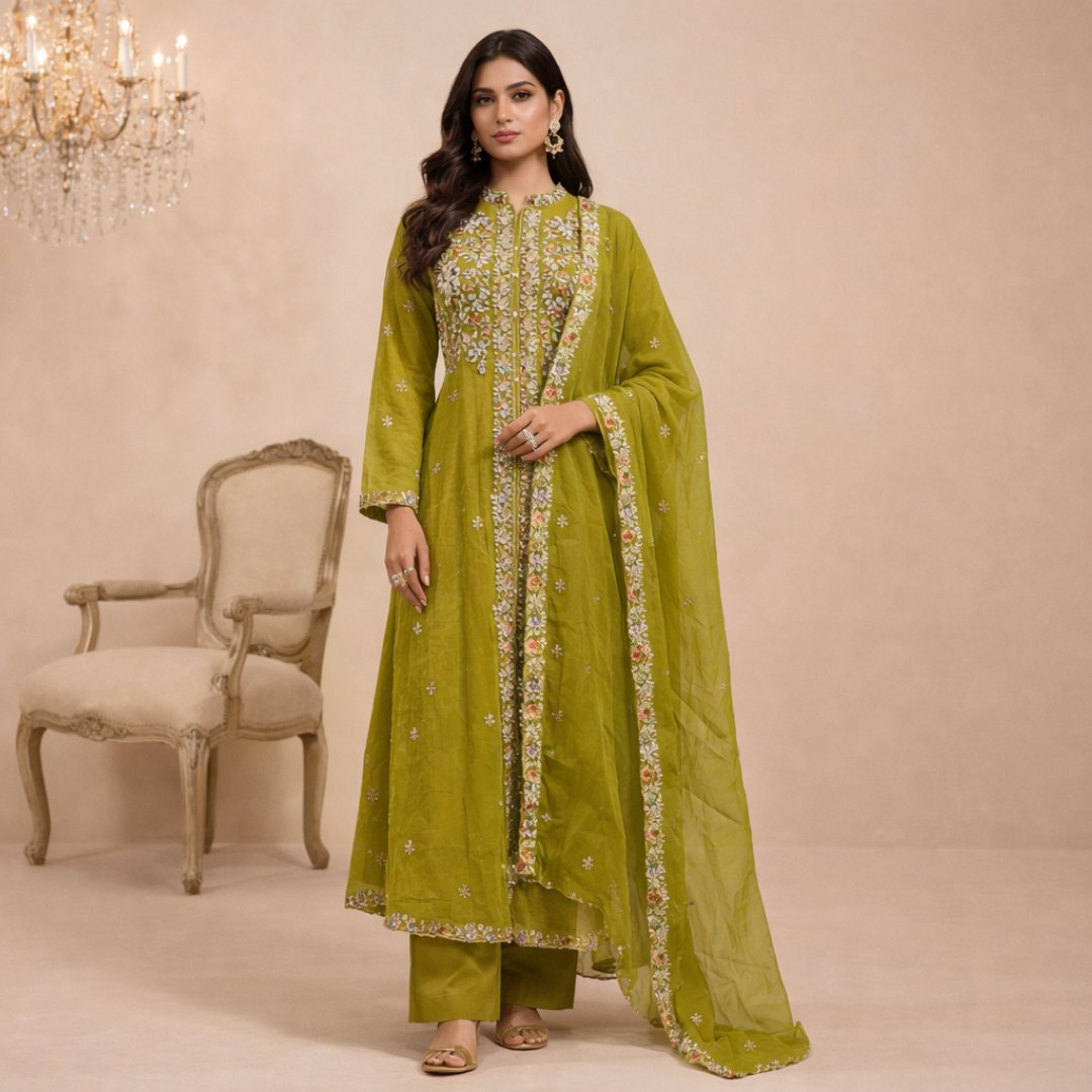 Olive green kurta set with floral thread embroidery and organza dupatta