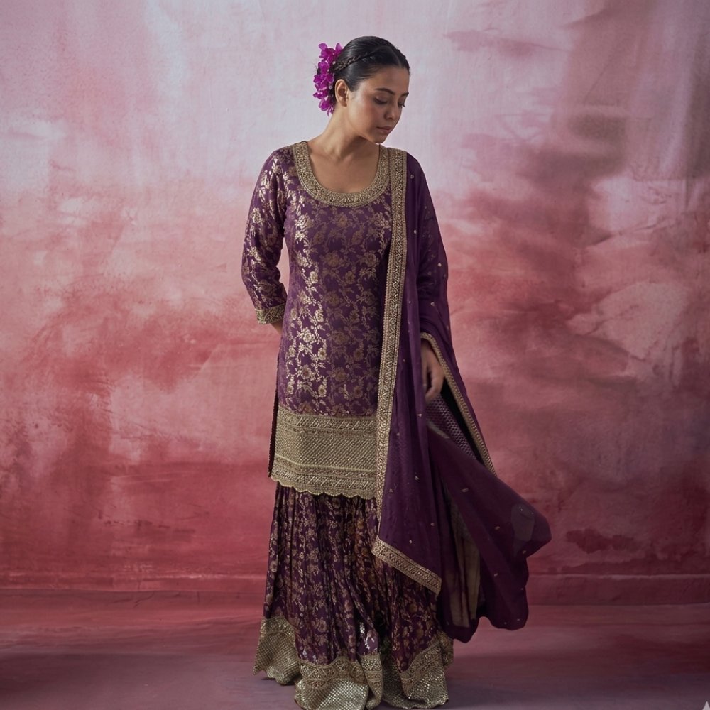 Plum brocade sharara set with zari border