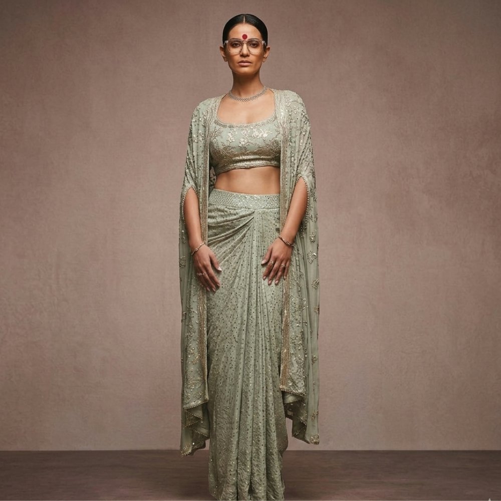 Sage green pre-draped saree with embellished cape